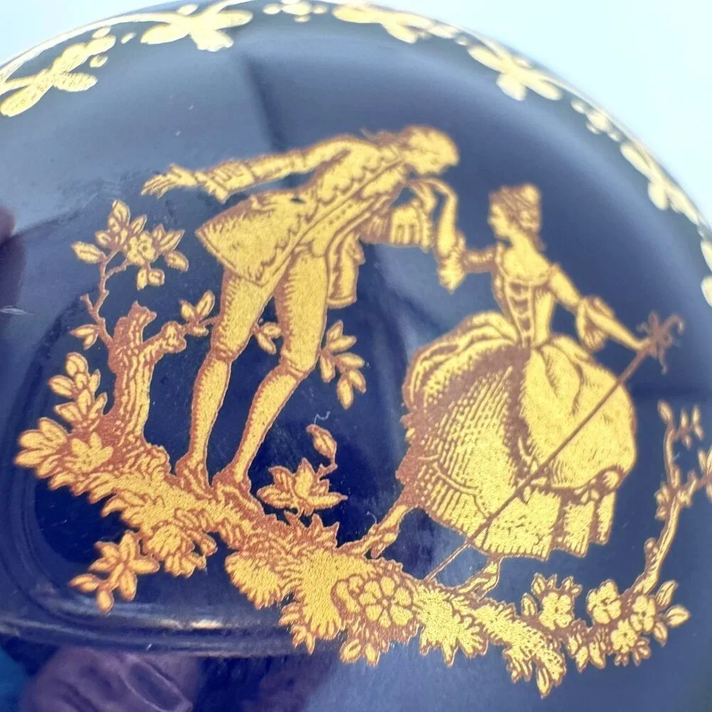 Limoges France Blue Courting Couple Trinket Pill Box Gold Trim Signed Vintage